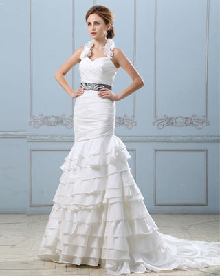 セクシー オープン 背面 層付き 結婚服 ベルト 腰を下げ 女性 結婚服