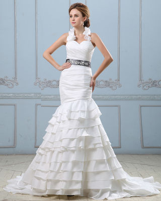 セクシー オープン 背面 層付き 結婚服 ベルト 腰を下げ 女性 結婚服